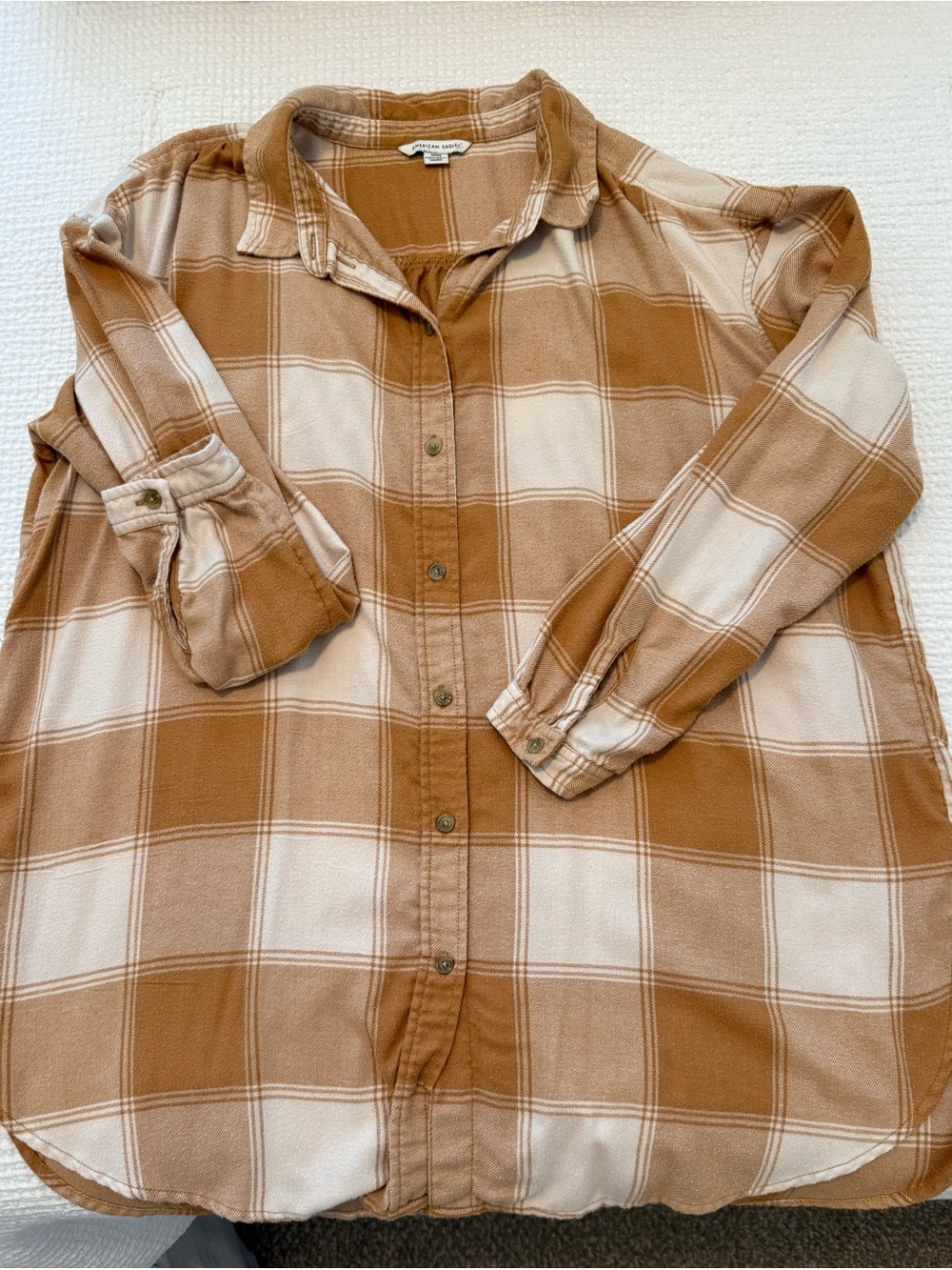 American Eagle Outfitters Gold & Cream Plaid Button-Up Shirt